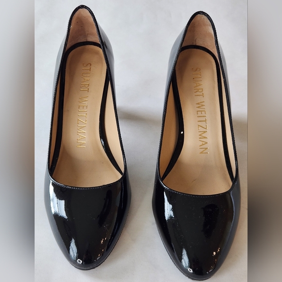 || STUART WEITZMAN || Paton leather pumps, stacked heel, round toe, black - Picture 2 of 8